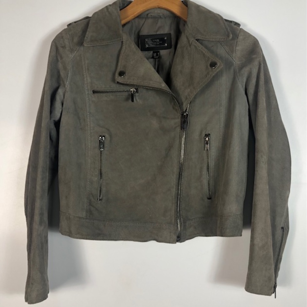 MNG Mango women’s medium grey gray suede moto bike jacket